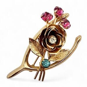 Vintage Coro Wishbone Rose Brooch Pink Blue Rhinestone Floral Gold Tone Pin